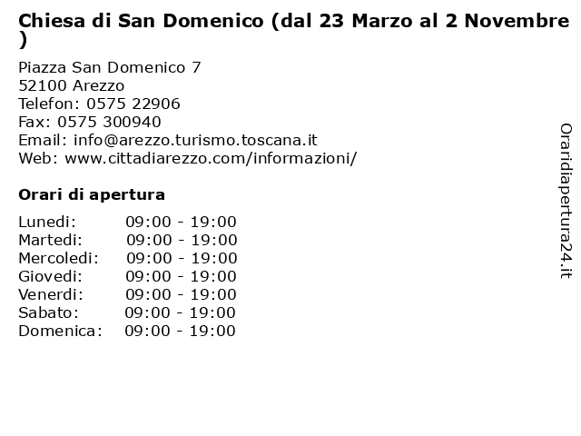 Orari di apertura Chiesa di San Domenico dal 23 Marzo al 2